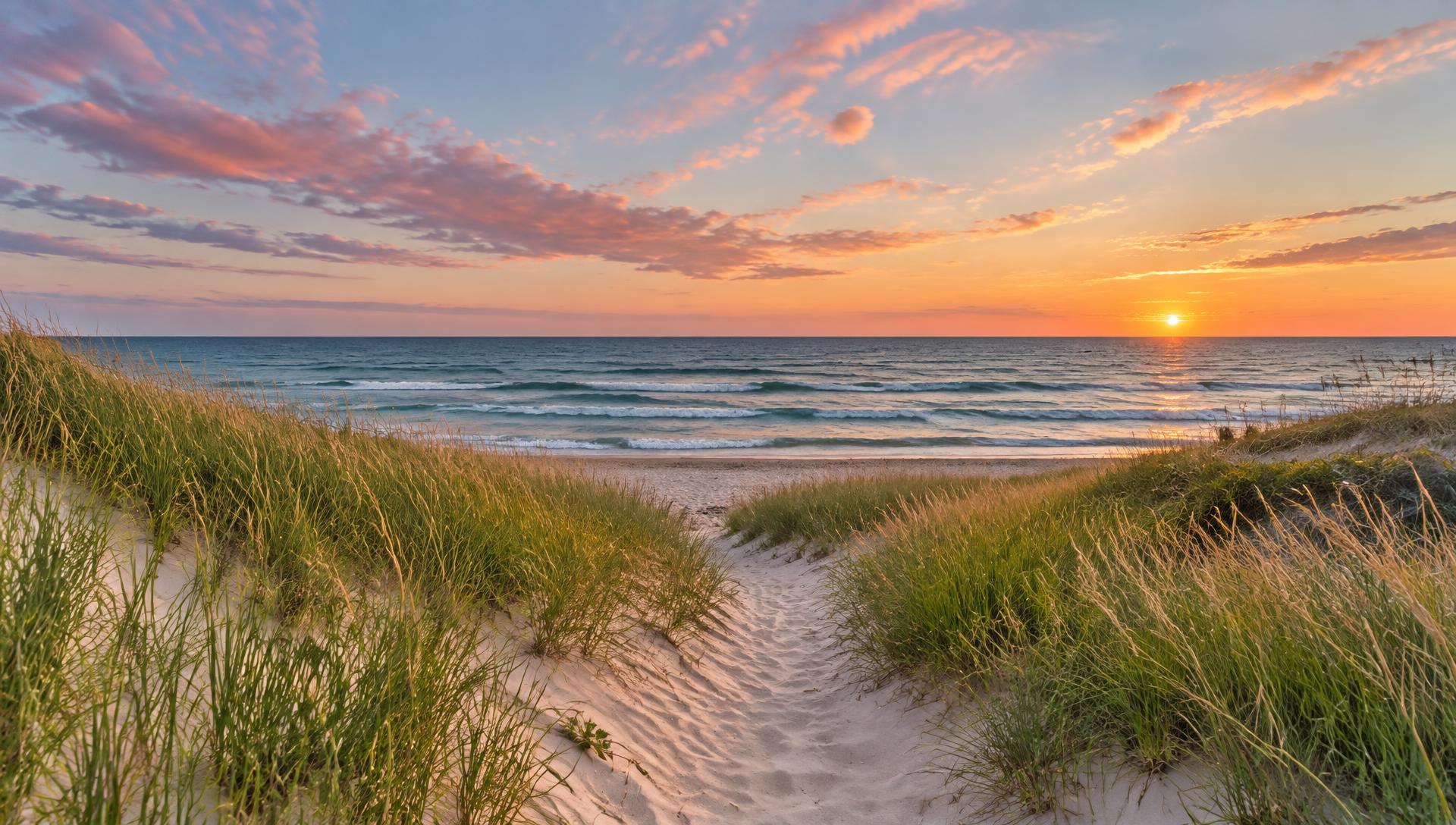 Lake Michigan beach at sunset with dune grass and a sandy path to the water